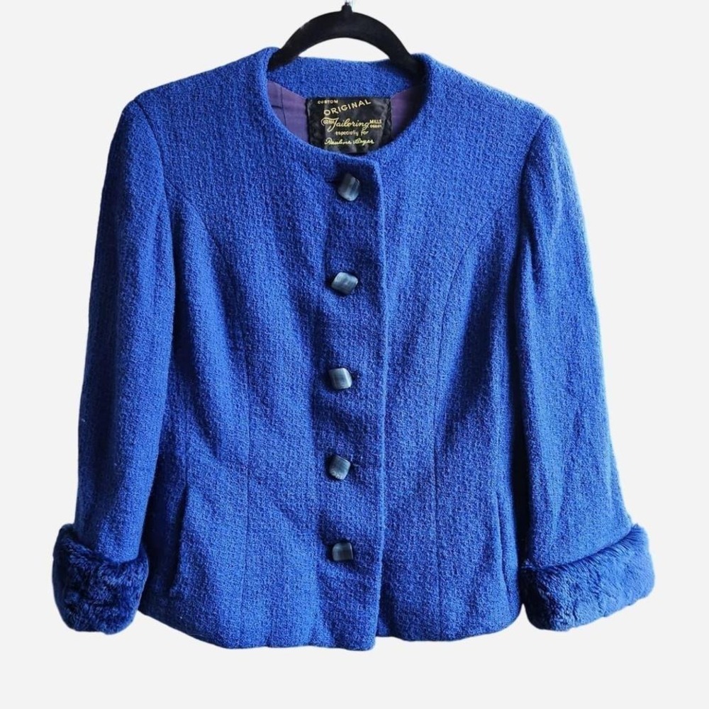 Vintage Wool Blend Blazer Fur Trimmed Cuffs, Unique Buttons Royal Blue